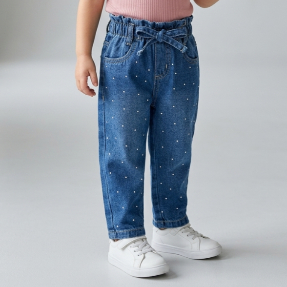 Calça Jeans Bebê Feminina Cintura Elastico Detalhes Brilho Tam 1 ao 3
