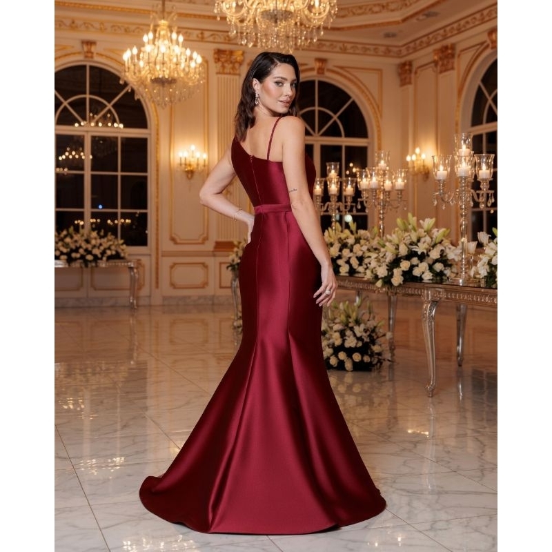 Vestido de Festa Longo Zibeline Marsala Sereia c/Alças Finas Carmem