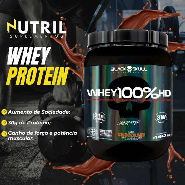 Whey Protein 100% HD 450g Black Skull – Ganho de Massa, Recuperação Muscular, Força e Performance — imagem 2 de 2