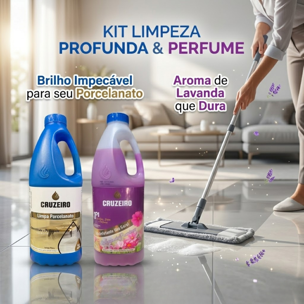 Limpa Porcelanato 2 Litros + Desinfetante Lavanda 2 Litros Cruzeiro Limpeza Profunda Brilho Espelhado