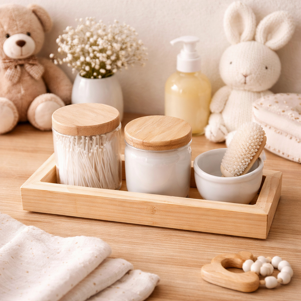 Kit Higiene Bebê Porcelana Branca Menino Menina Molhadeira, Potes Porta Algodão e Cotonete e Bandeja de Madeira 4 Peças