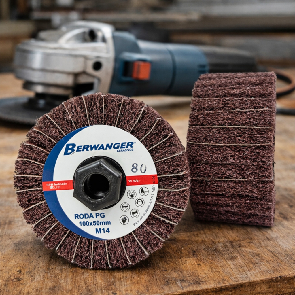 Roda Pg Mista Lixa e Manta Abrasiva Gr 80 100x50mm Rosca M14 P/ Esmerilhadeira Berwanger