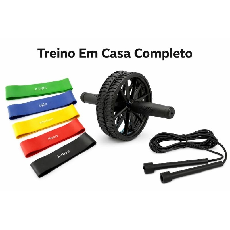 kit Roda Abdominal Resistente + Corda De Pular + 5 faixas Elásticas Treino Em Casa Completo em Oferta na Shopee