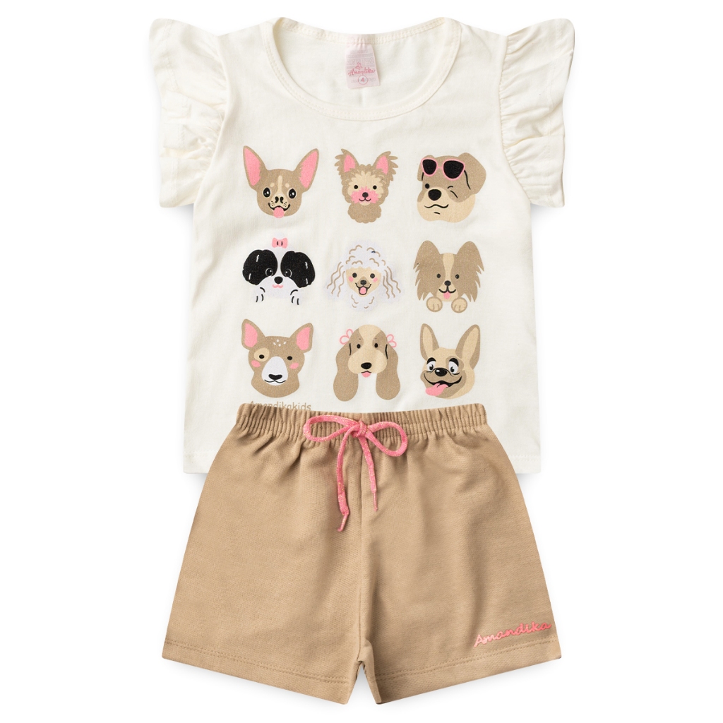 Conjunto Menina Infantil Feminino Verão Algodão Manga Franzida + Shorts Com Elástico Tendência L47