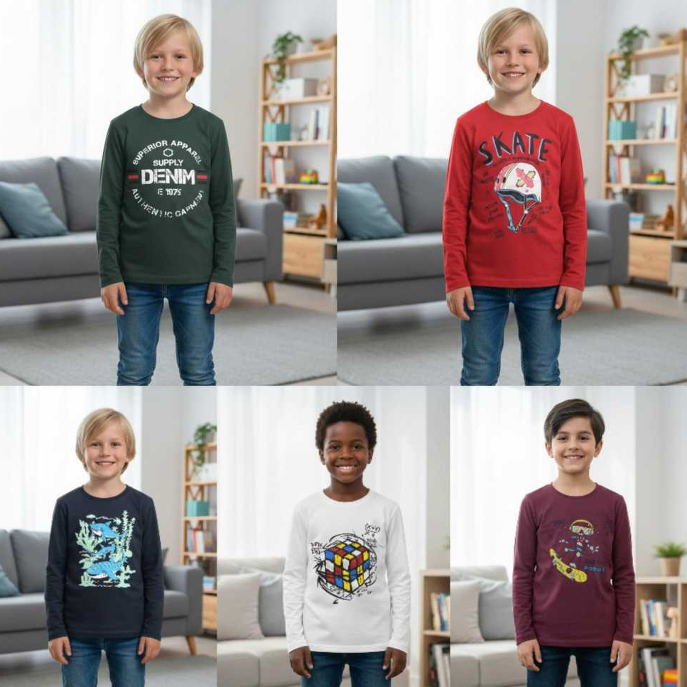 Kit 5 Camiseta Infantil Menino Manga Longa Inverno Cores e Estampas Sortidas 04 ao 08 100% Algodão