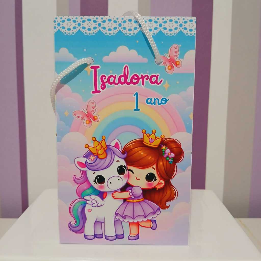 Sacolinha Surpresa Personalizada Unicórnio e Princesa - Lembrancinha Aniversário - Tamanho P - PEGUE E MONTE