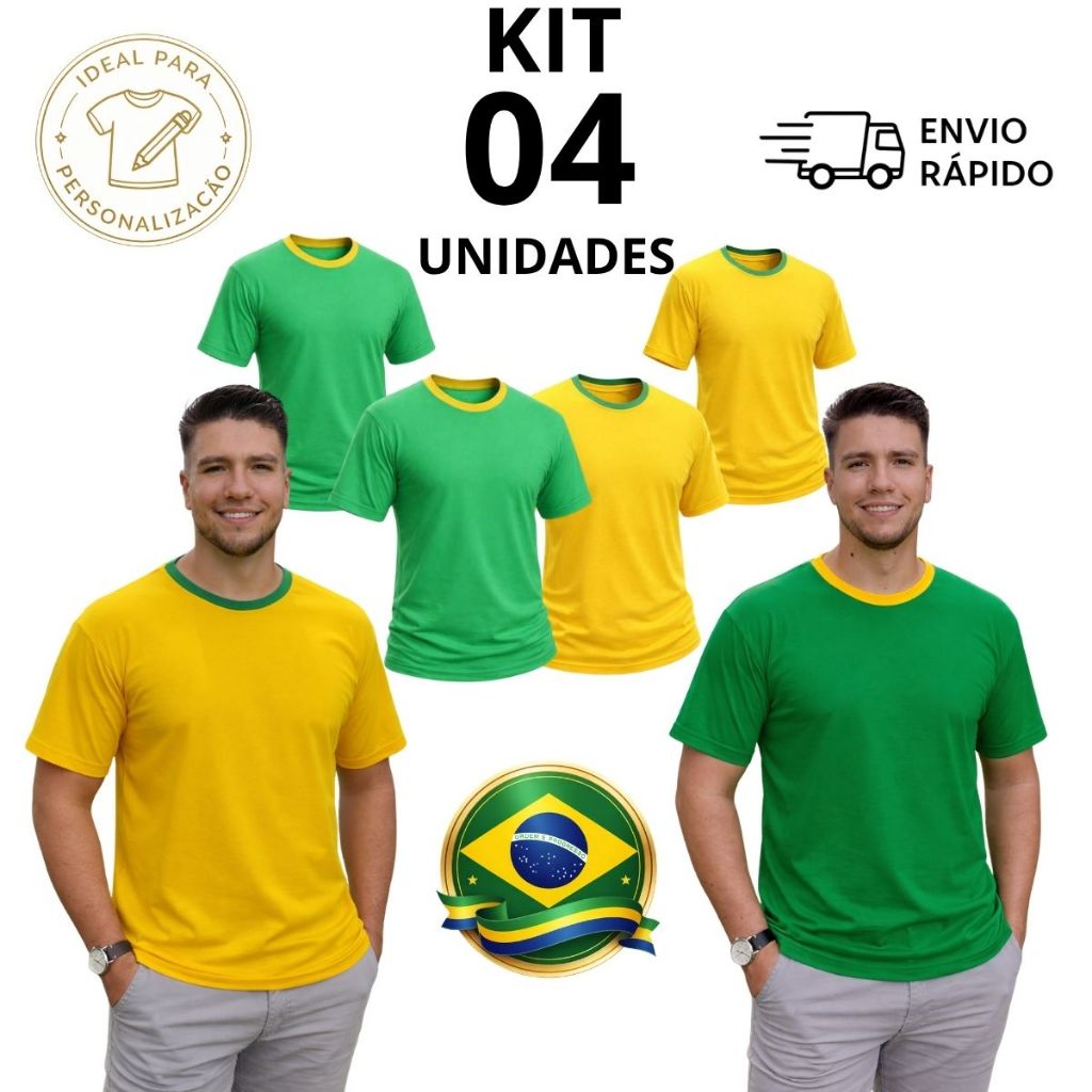 KIT 04 Camiseta Masculina Feminina do Brasil Verde e Amarela Básica 100% Algodão para personalização