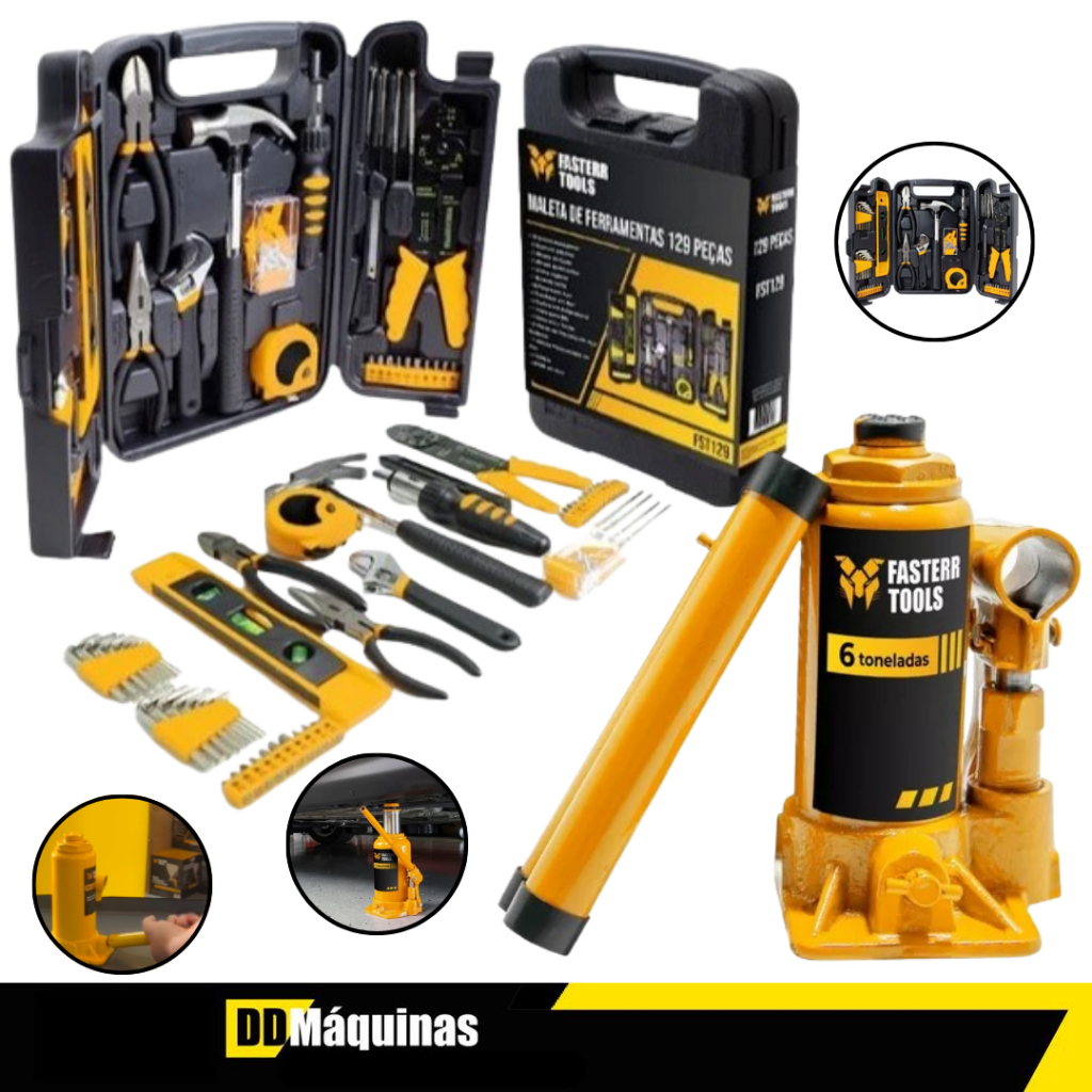 Kit Completo de Ferramentas 129 Peças com Maleta + Macaco Hidráulico Garrafa 6 Ton - Fasterr