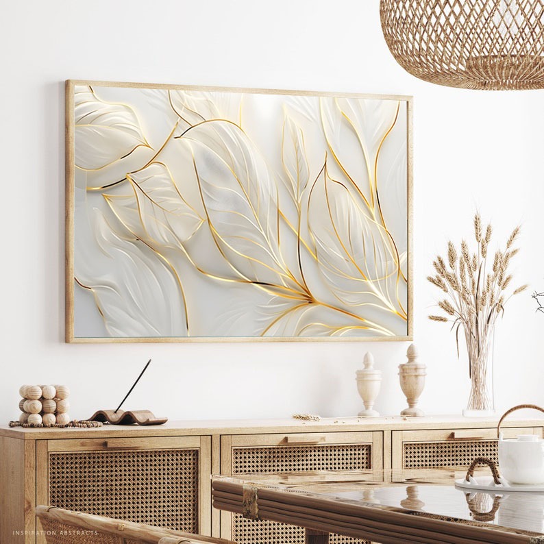 Quadro Decorativo Folhas Douradas E Branco Luxo Moderno