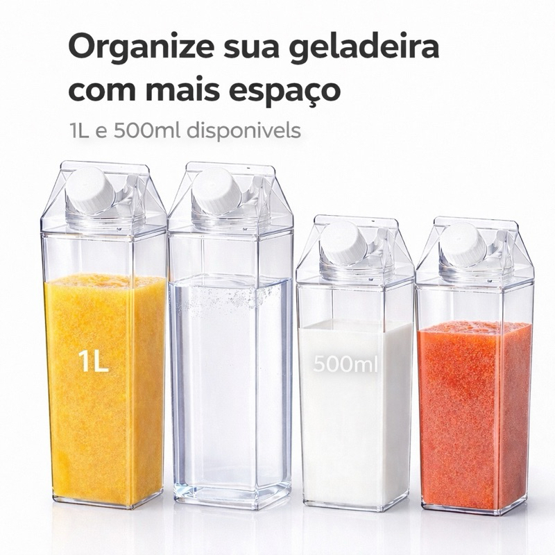 Garrafa Caixa de Leite Acrílico 500ml 1L Tampa com Vedação Organizador de Geladeira Cozinha