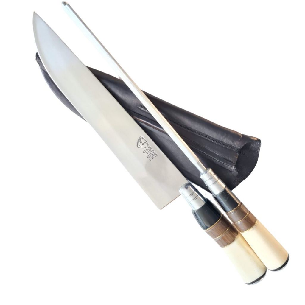 Faca e Chaira Churrasco Artesanal Bainha em Couro Inox Cabo Osso Madeira Chifre 10 Polegadas