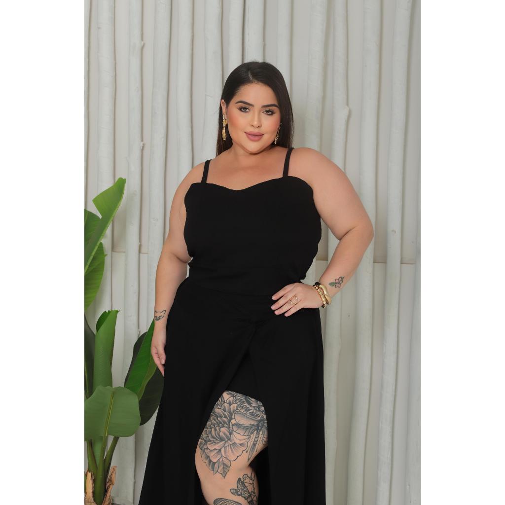Conjunto alfaiataria feminino Plus Size Vestido Saia Longa Fenda Lateral Shorts Blusa Cropped Regata verão veste 46 a 50