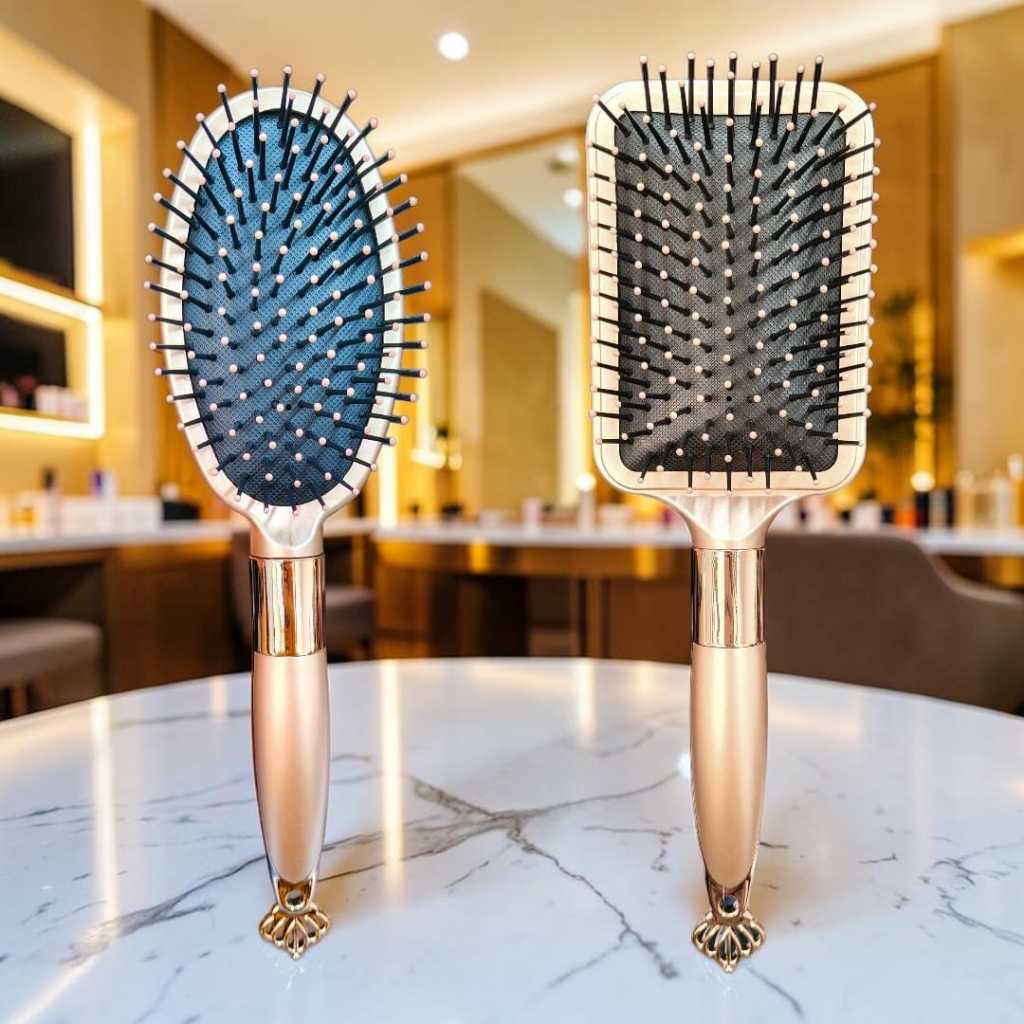 Escova Dourada Oval e Raquete Almofadada Cerdas Silicone Anti Frizz Profissional Cabo Luxo com Coroa