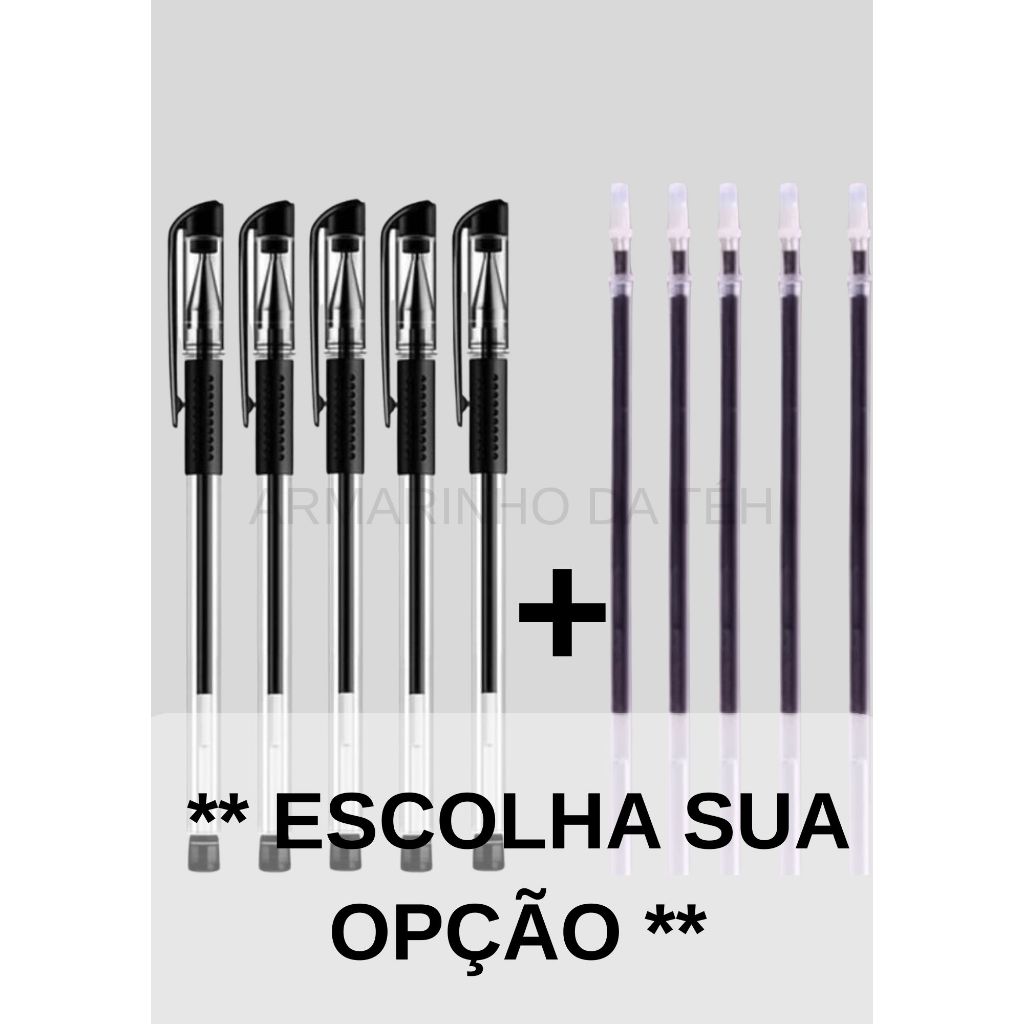 KIT CANETA/REFIL DE GEL PRETA 0.5mm TRANSPARENTE em Oferta na Shopee