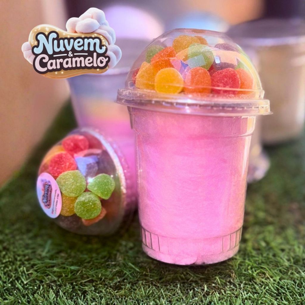 Algodão Doce de Pote com Bala de goma 20 unidades copo de 180ml Kit Festa