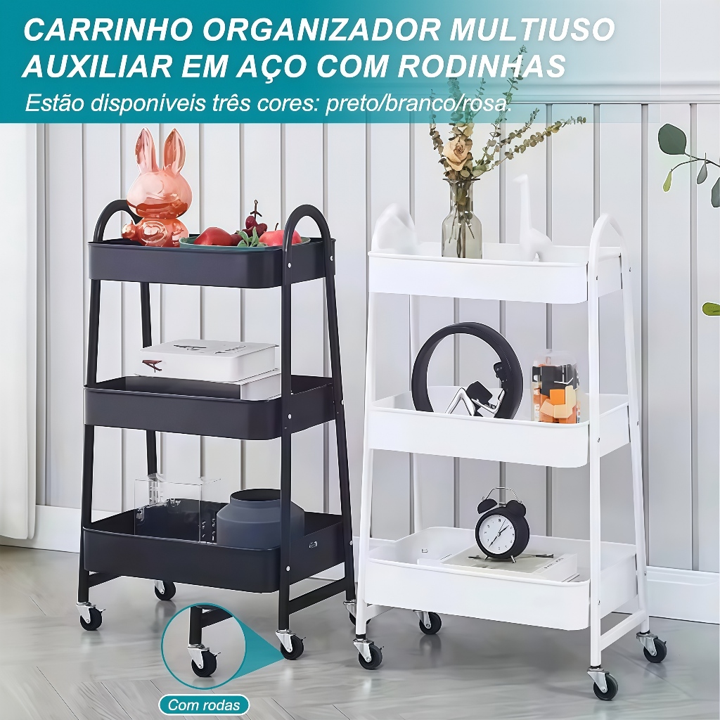 Carrinho Organizador de Metal Multiuso 3 Prateleiras com Rodinhas Banheiro Cozinha e Lavanderia