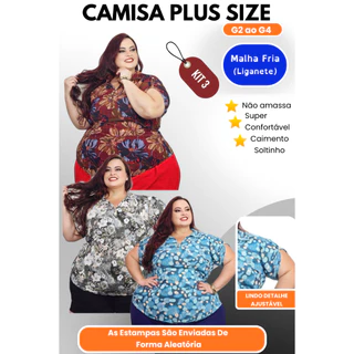 Kit 3 Camisa Polo Feminina Plus Size G2 ao G4 Malha Fria Não Amassa Conforto Garantido Estampa Sorti