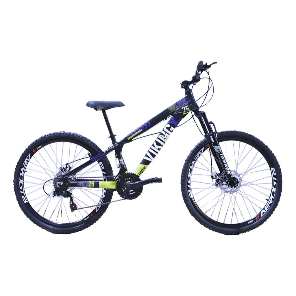 Bicicleta VikingX Tuff25 Aro GTB Freio a Disco 21V - Preto Amarelo C/Azul