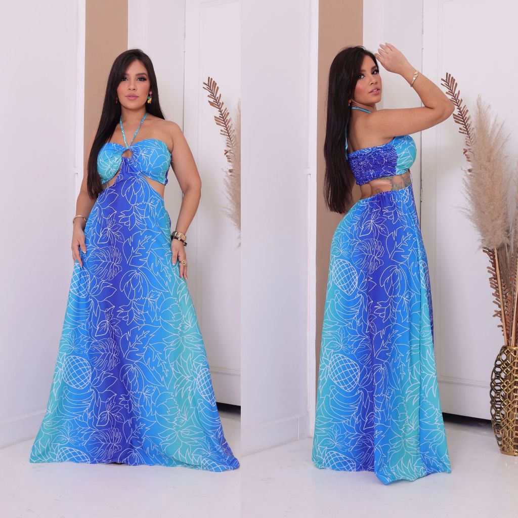 Vestido Longo Floral Azul Turquesa Feminino Look Leve, Fresco e Sofisticado para o Verão social