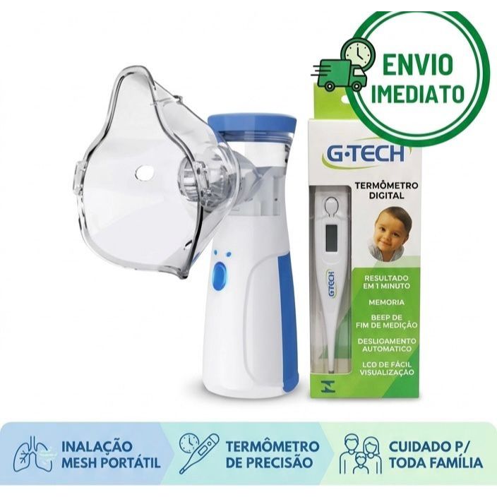 Kit Inalador Sem Fio Portatil Mesh+termometro Digital G-tech Branco/azul 110/220v
