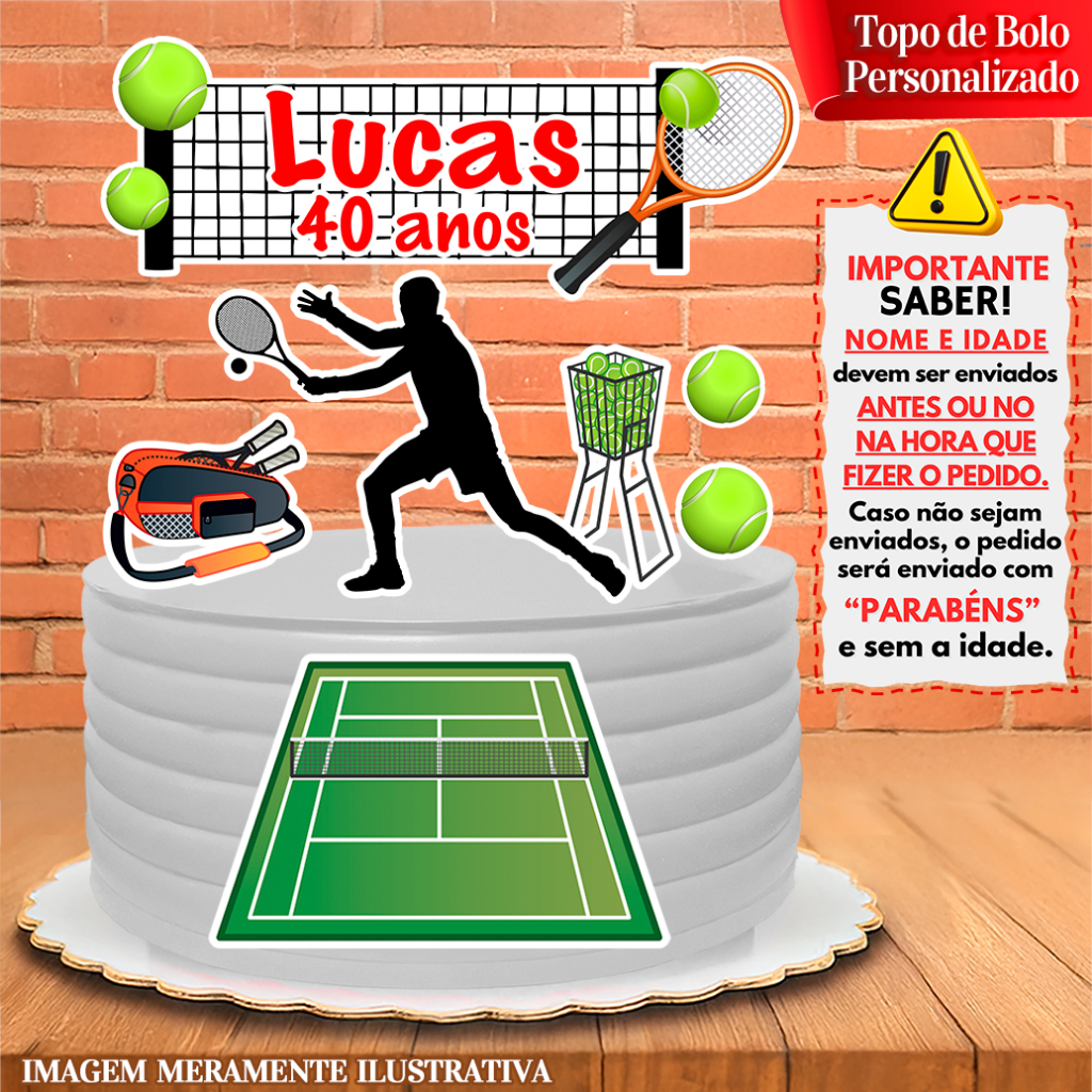 Topper Topo de Bolo Festa Personalizada Esporte Tênis Tenista