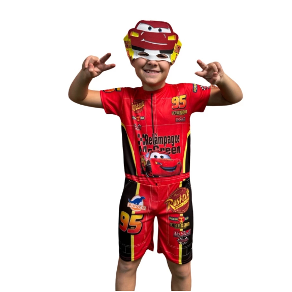 Roupa Fantasia Infantil Relâmpago Mcqueen Carros Piloto Com Mascara De E.v.a — imagem 2 de 2