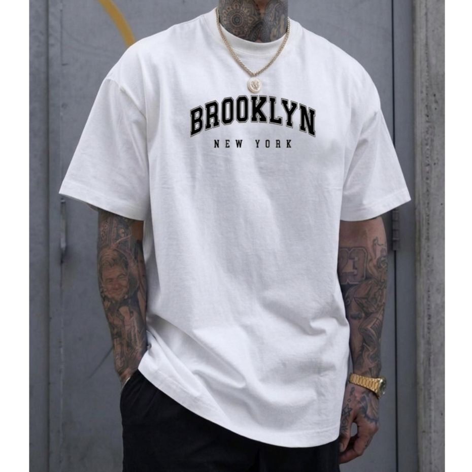 Camiseta Masculina Camisa casual BROOKLYN bco 100% Algodão malha 30.1