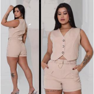Conjunto Alfaiataria Feminino Elegante Cintura Alta com Cinto Dourado - Short + Colete Premium em Oferta na Shopee
