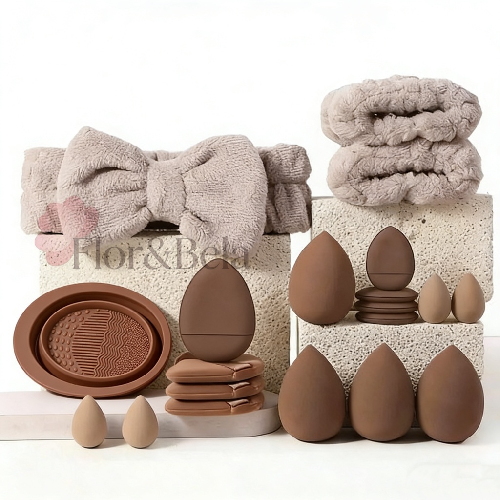 Conjunto de 20 Esponjas de Maquiagem Profissionais e Limpador de Silicone