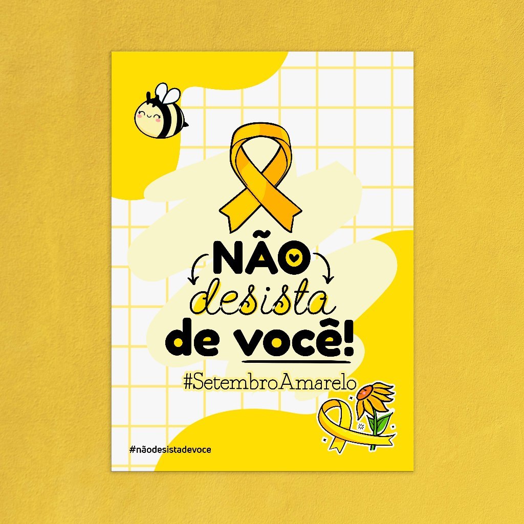 Postal Setembro Amarelo com Espaço para mimo Frases Positivas para Brindes e Ações Sociais
