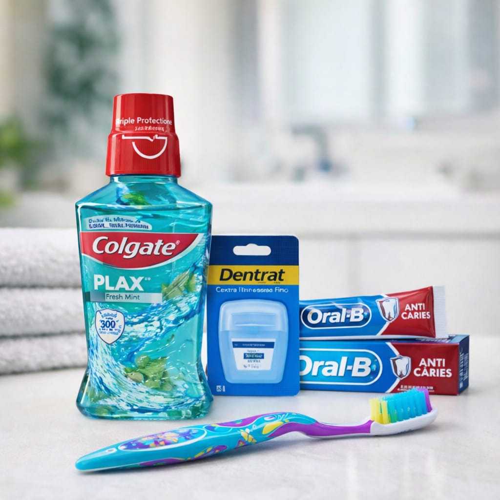 Kit Higiene Bucal Completo Enxaguante Colgate + Creme Dental + Fio Dental + Escova  de Dente