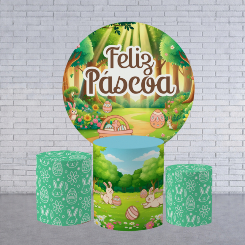 Capa Painel Redondo Feliz Páscoa  +  Trio Cilindro Decoração Páscoa Coelhinho Sublimado Bibi Painéis