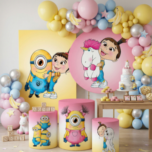 Capas Bibi Paineis + Cilindros Tema Agnes Minion Decoração Infantil Festa Meninas Veste Fácil