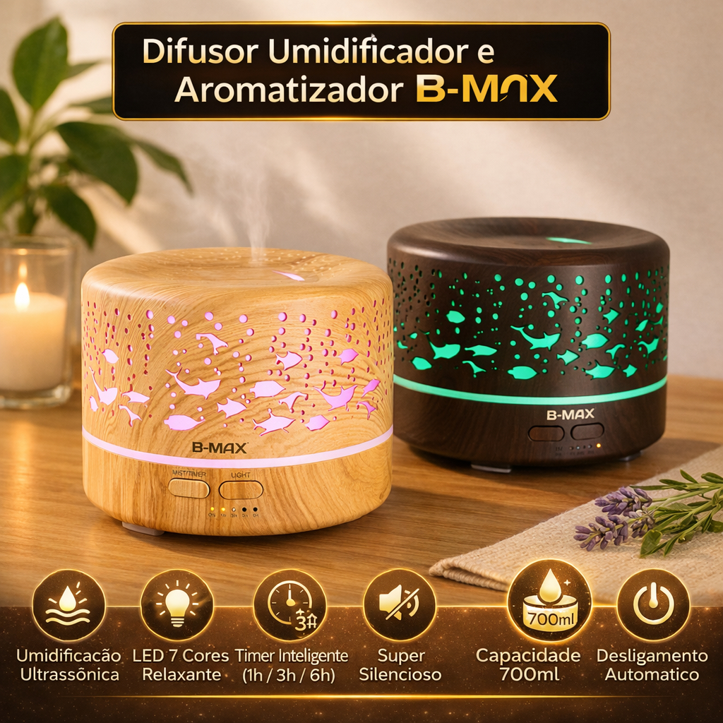 Difusor Ultrassonico 700ml Umidificador Ar Aromatizador Purificador Aromas Casa Ambiente