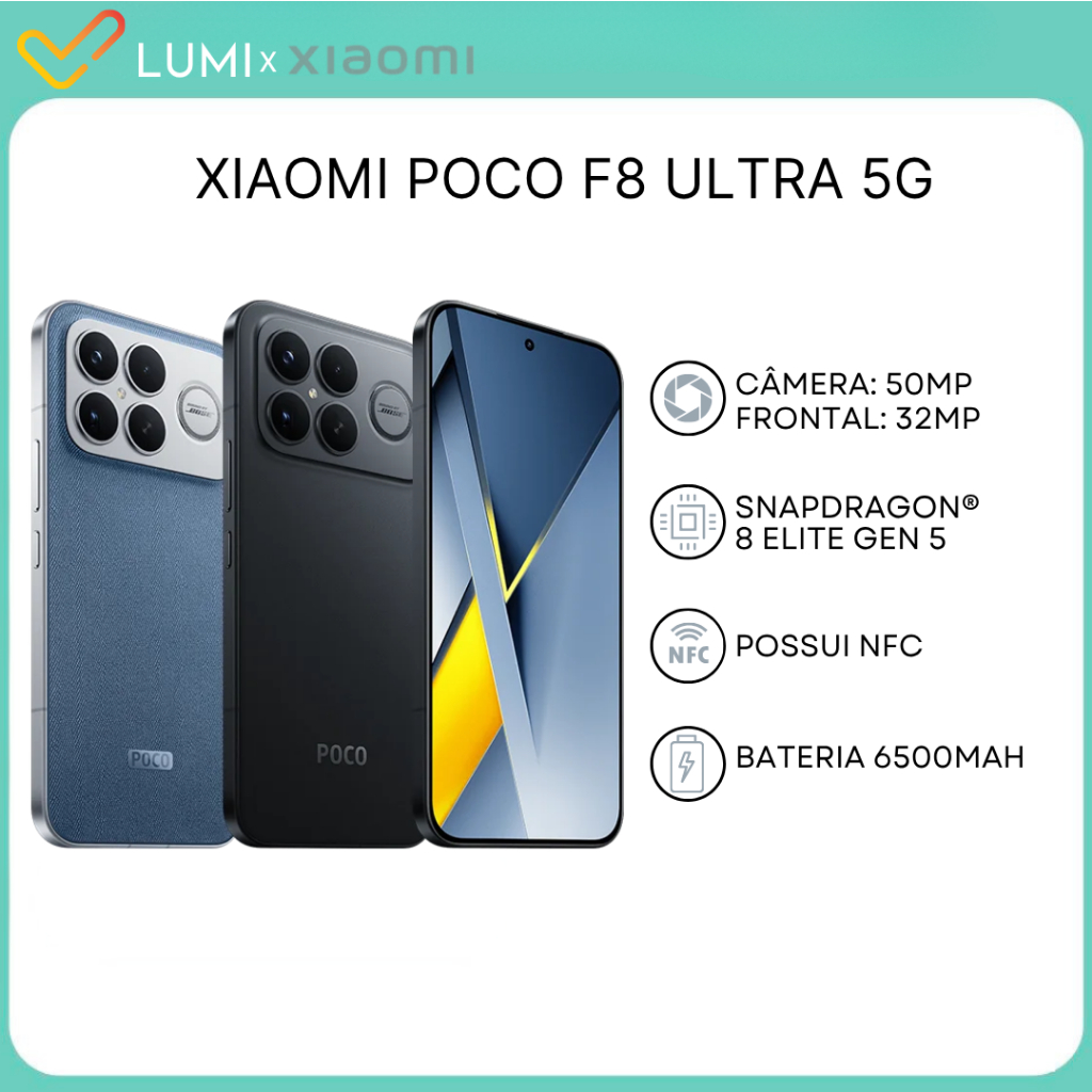 Xiaomi Poco F8 Ultra 5G, 256/512GB + 12/16GB RAM, Câmera 50 MP, Versão Global, P