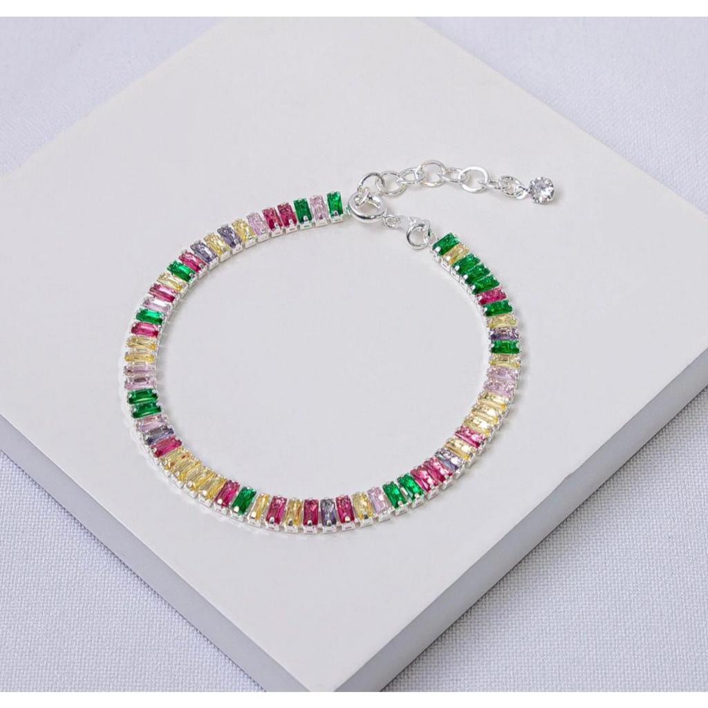 Pulseira Riviera Baguete Colorida a Prata Legitima 925 Antialérgica Cravejada a Zircônias Coloridas