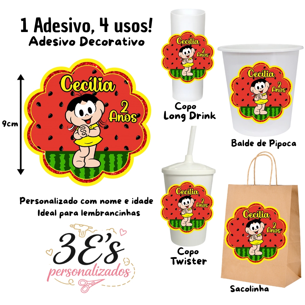 Magali Adesivos Personalizados Sacolinhas Balde de Pipoca Copo Twister Copo Long Drink