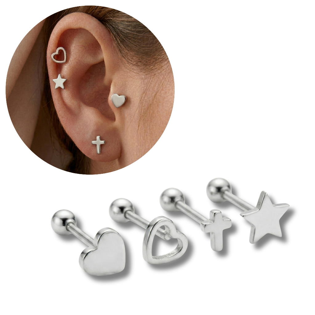 Piercings Variados Orelha Labret Feminino Aço Cirúrgico Hipoalergênico Prata Acessórios Coração Cruz