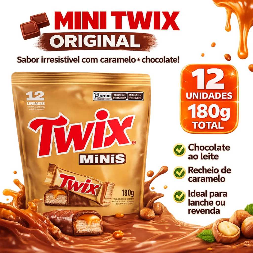 Twix Minis 180g Original c/ 12 Unid - Kit 1, 2, 3, 4 ou 6 Pacotes /Chocolate Caramelo Pronta entrega