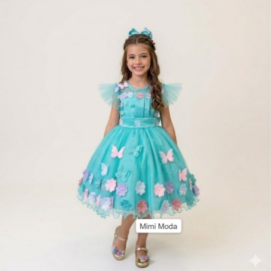 Vestido Infantil Menina Jardim Encantado Flores Borboletas Verde Tiffany Luxo Formatura Casamento