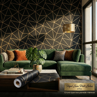 Papel De Parede Adesivo Geométrico Preto E Dourado Luxo Lavável em Oferta na Shopee