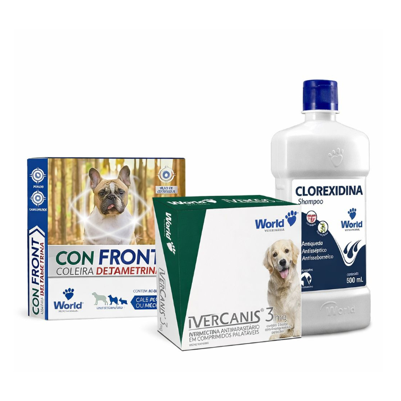 KIT SHAMPOO CLOREXIDINA + IVERCANIS 3MG - COLEIRA CONFRONT P 19G ANTIPULGAS - USO VET