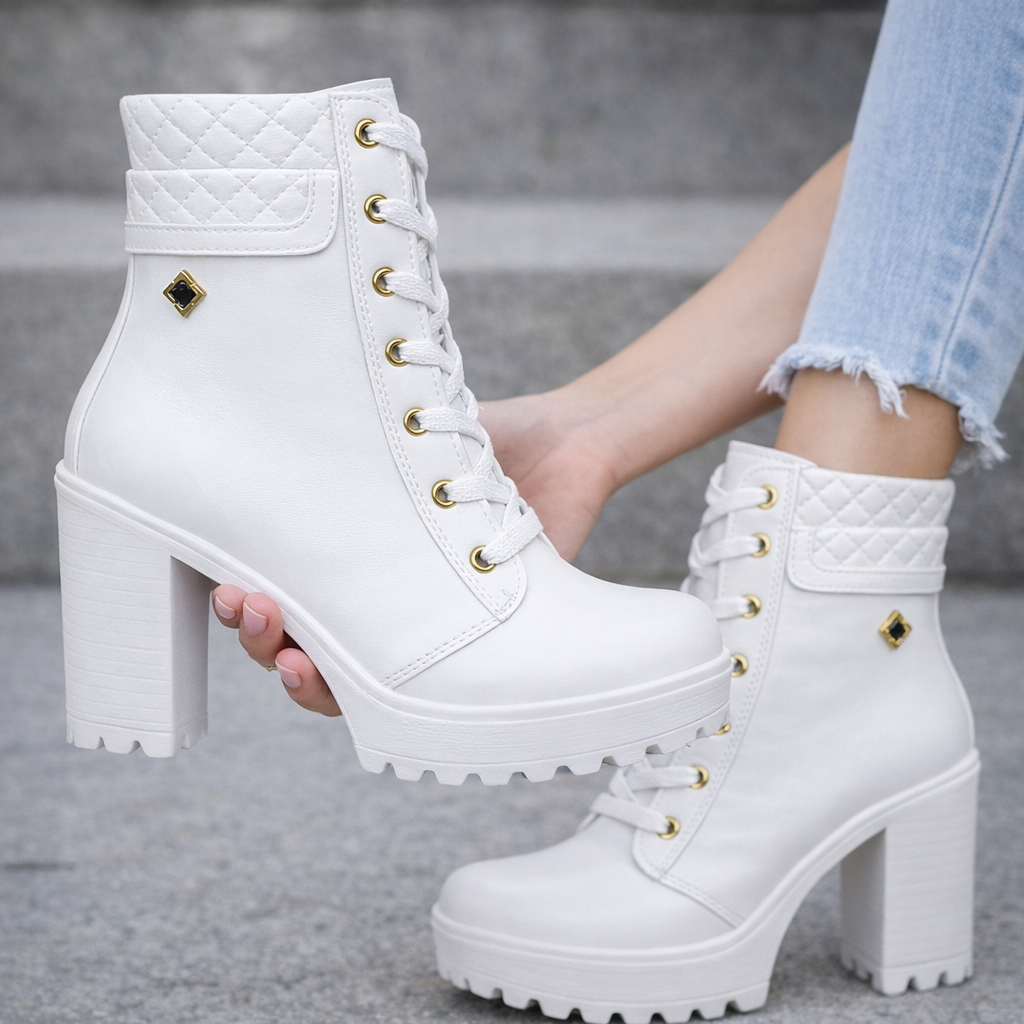 Coturno Bota Feminina Salto Alto Tratorado Western Moda Outono Inverno Cano Médio Casual Cowgirl