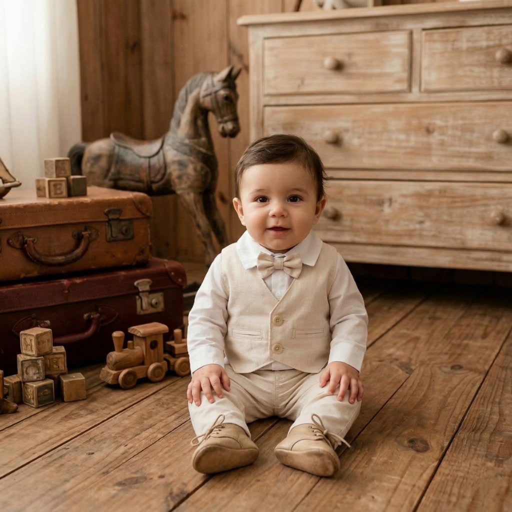 Conjunto Bebê Menino Infantil Social 4 Peças Camisa Manga Longa e Colete Calça Gravata Casamento
