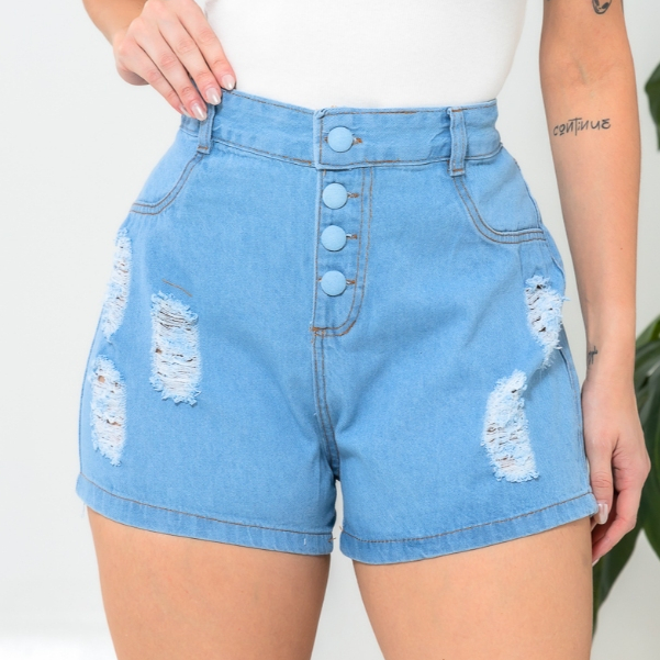 Short Jeans Feminino Cintura Alta Levanta Bumbum Modelo 4 Botão Lavagem Clara