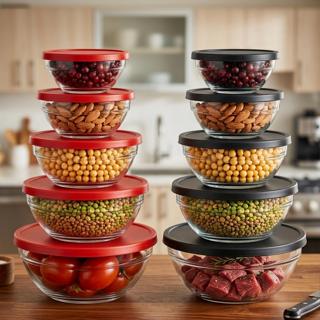 Conjunto 5/10 Potes Hermético Tigela de vidro com Tampa Resistente Organizador e Armazenamento de Alimento para Cozinha em Oferta na Shopee