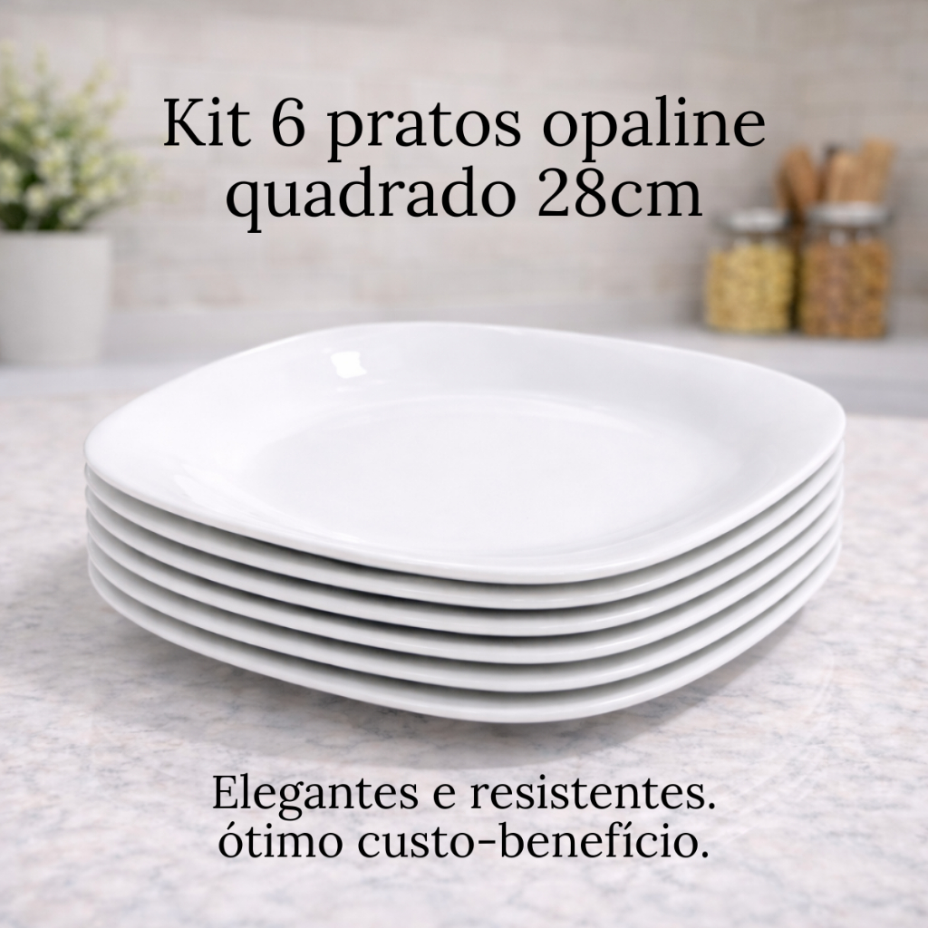 Kit 6 Pratos Raso Branco Quadrado 28cm Restaurante Buffet