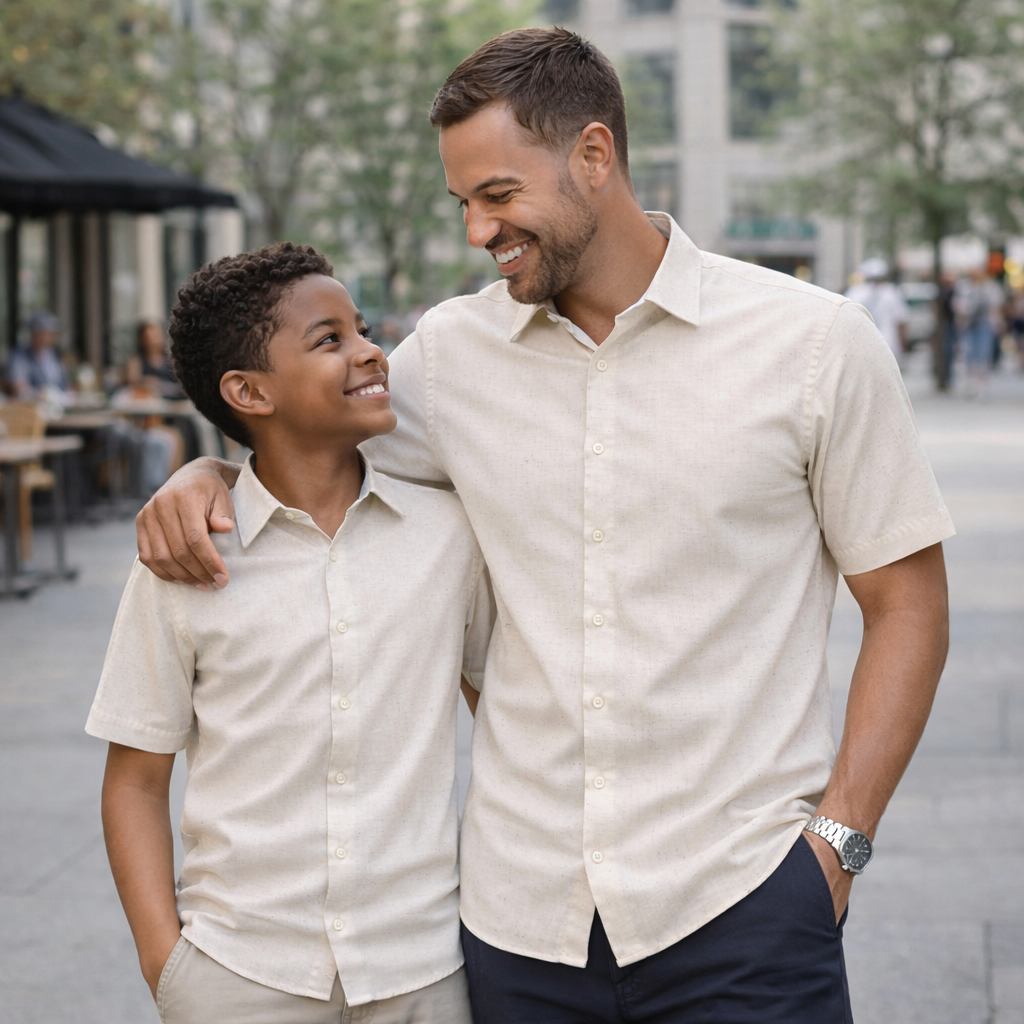 Camisa Social Tal Pai Tal Filho Cor Linho Kit Camisas Iguais Adulto e Infantil Manga Curta