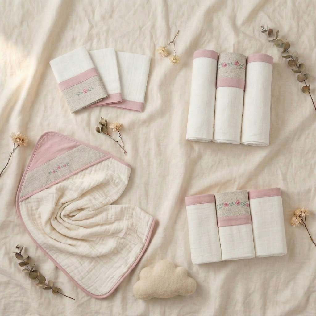 Kit Enxoval Bebê Completo 10 Peças Linho 100% Algodão | Toalha Soft, Fraldas, Cueiros e Pano de Boca