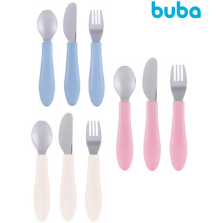 Kit 3 Talheres Aço Cabo Em Silicone Bebe Infantil Buba Novidade Colher Garfo Faca +6meses